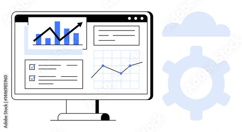 Monitor displaying analytics dashboard including charts, line graphs, checklists, and cloud with gear. Ideal for data analysis, cloud computing, business growth, reports, strategy productivity flat