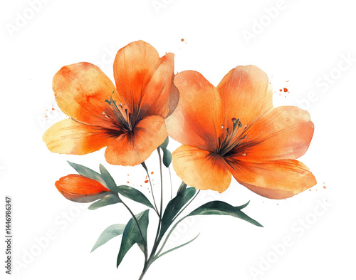 Fototapeta Naklejka Na Ścianę i Meble -  Vibrant orange flowers nature watercolor bright environment isolated on transparent background