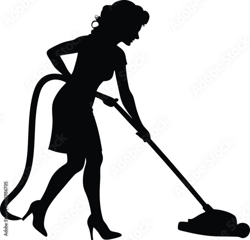 Silhouette of a stylish woman vacuuming the floor with vintage appliance