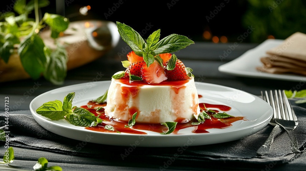 Creamy panna cotta dessert with fresh strawberries and basil garnish on a white plate. Creamy panna cotta dessert with fresh strawberries and basil garnish on a white plate.