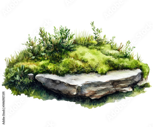 Moss-covered rock formation nature scene watercolor isolated on transparent background