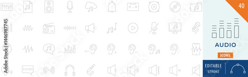 Audio Collection Icon Set. Containing  sound, music, speaker, record, computer, and more. Editable Stroke Line. Vector illustration.