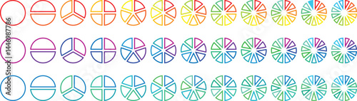 Pie chart set. Circle section graph. 1,2,3,4,5,6 segment infographic. Pie chart divided 1,2,3,4,5,6,7,8,9,10,11,12 equal parts. Ring percentage diagram collection. Colorful Pie chart set. 