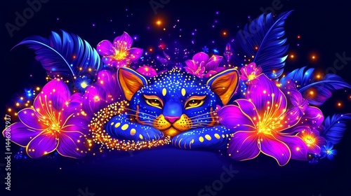 Enigmatic feline amidst luminous flora dreamlike cat with glowing flowers vibrant blue and magenta hues whimsical pet portrait enchanting and surreal artwork photo