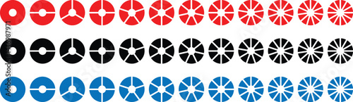 Pie chart set. Circle section graph. 1,2,3,4,5,6 segment infographic. Pie chart divided 1,2,3,4,5,6,7,8,9,10,11,12 equal parts. Ring percentage diagram collection	