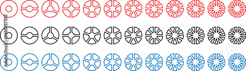 Circle section graph. 1,2,3,4,5,6 segment infographic. Pie chart set. Pie chart divided 1,2,3,4,5,6,7,8,9,10,11,12 equal parts. Ring percentage diagram collection	