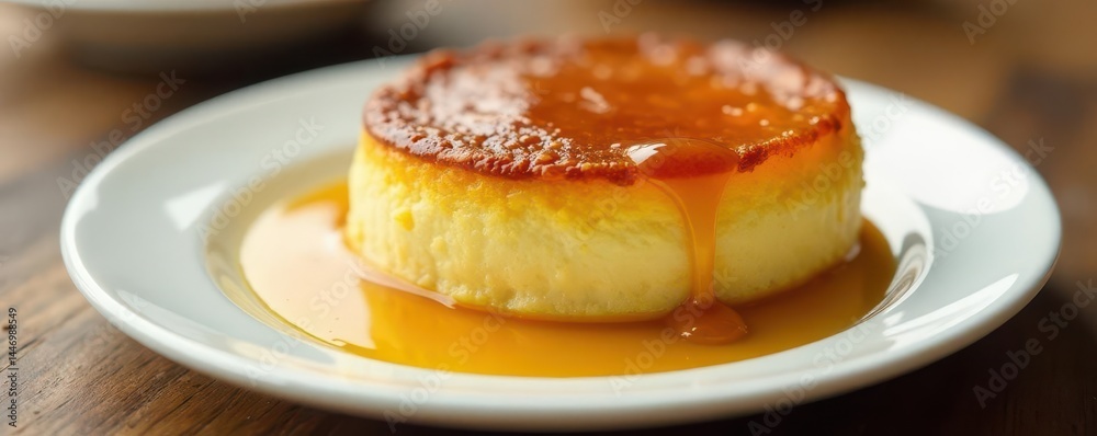Golden caramel flan, glossy surface, white plate, background, homemade Golden caramel flan, glossy surface, white plate, background, homemade