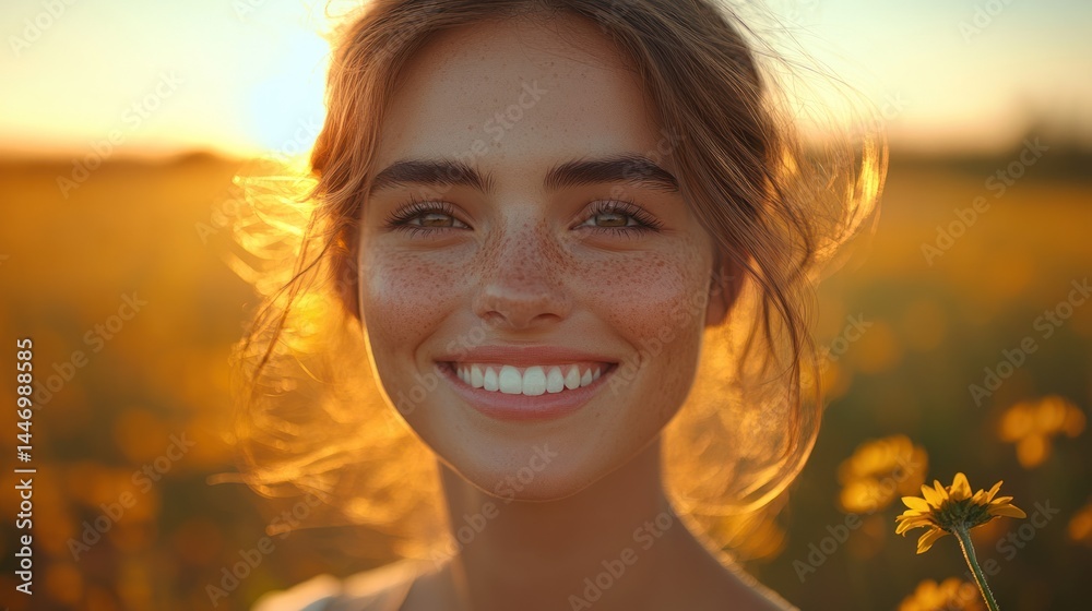 Young woman smiles in a field with golden sunlight shining behind her. Young woman smiles in a field with golden sunlight shining behind her.
