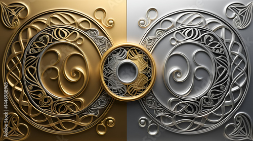 creative depiction of flowing gold and silver patterns blending into three symbolic shapes for gifts of magi with copy