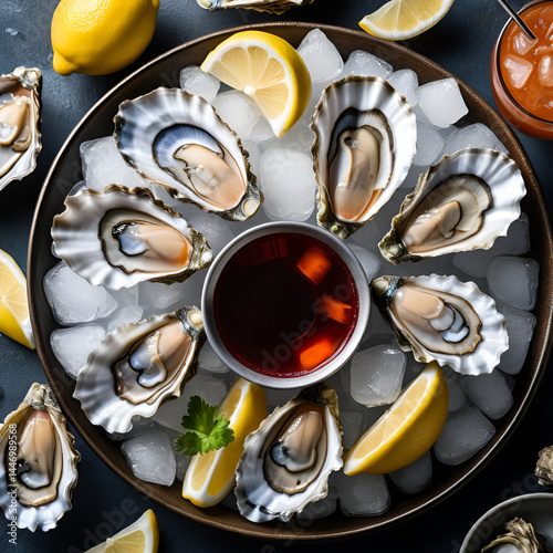 Gourmet plate of freshly shucked oysters on ice with lemon wedges and cocktail sauce