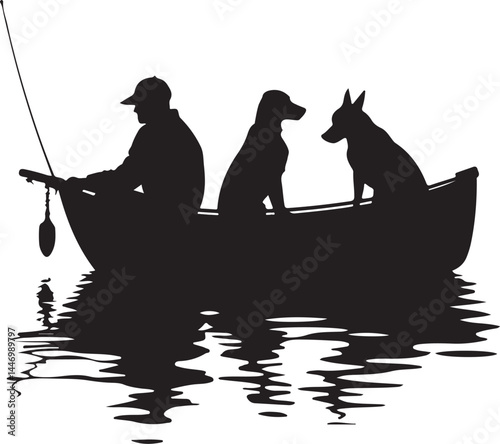 Silhouettes of Men and Dogs Fishing