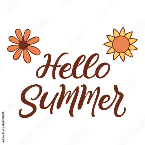 Hello Summer Text with Flowers. Handwritten Style Design