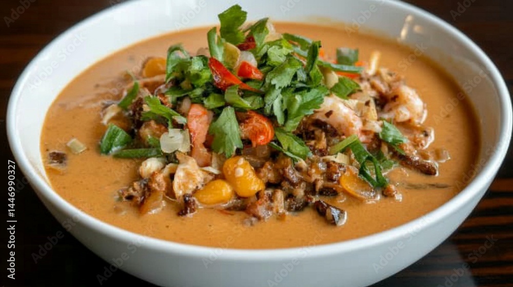 Creamy soup with shrimp, mushrooms, and herbs in a white bowl. Creamy soup with shrimp, mushrooms, and herbs in a white bowl.