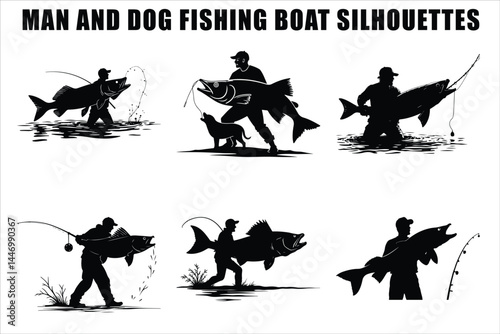 Silhouettes of Men and Dogs Fishing