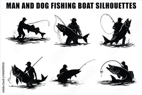 Silhouettes of Men and Dogs Fishing