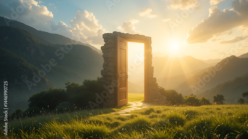 Open door to bright light, hope, new beginning