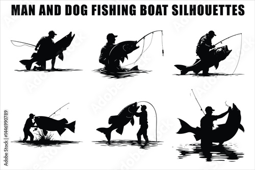 Silhouettes of Men and Dogs Fishing