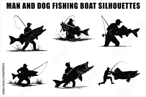 Silhouettes of Men and Dogs Fishing