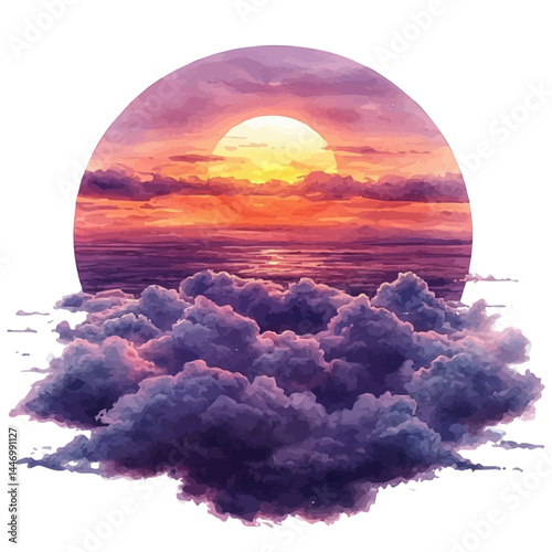 illustration of Rising Sun Behind Clouds, watercolor vector, isolated on a white background.