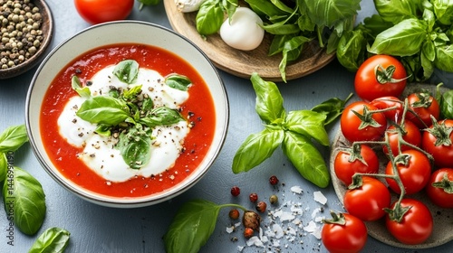 Creamy tomato soup with basil, mozzarella, and peppercorns.