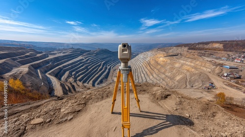 Mining site environmental impact assessment, engineers surveying land, ecological monitoring -  machinery drone
