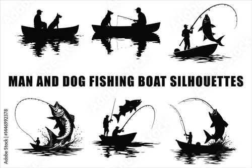Silhouettes of Men and Dogs Fishing
