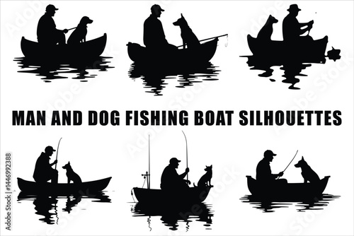 Silhouettes of Men and Dogs Fishing