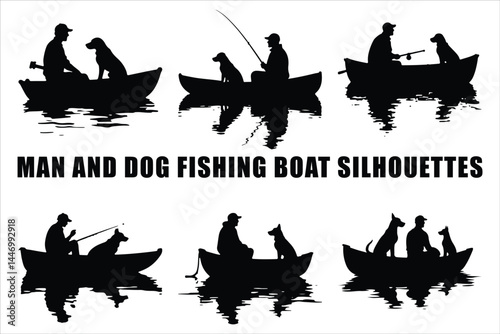 Silhouettes of Men and Dogs Fishing