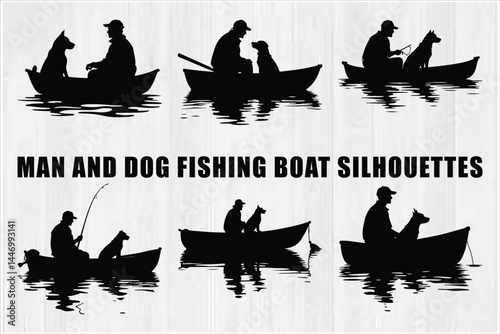 Silhouettes of Men and Dogs Fishing