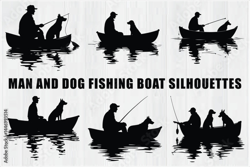 Silhouettes of Men and Dogs Fishing