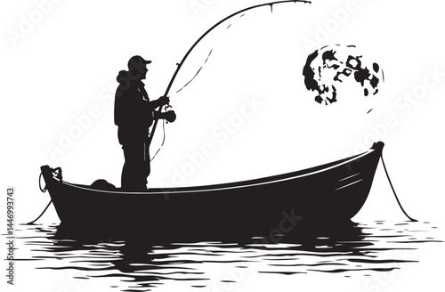Silhouettes of Men and Dogs Fishing