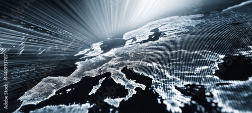 Map of Europe with glow light. Generative AI technology.	
