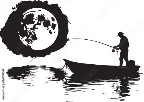 Silhouettes of Men and Dogs Fishing