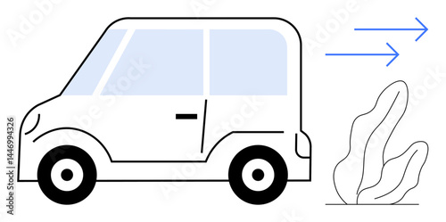 Compact car with clean lines, arrows symbolizing motion, and a plant indicating eco-friendliness. Ideal for electric vehicles, sustainability, clean energy, eco-transport, minimalism, modern