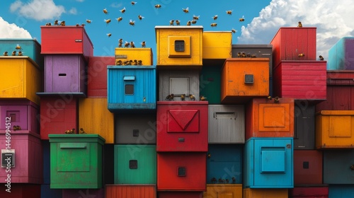 A large honey farm with multiple colorful beehives, bees swarming around them,