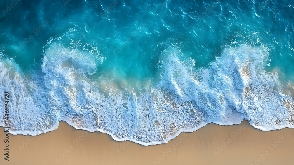 Aerial view of turquoise ocean waves crashing onto a golden sand Aerial view of turquoise ocean waves crashing onto a golden sand