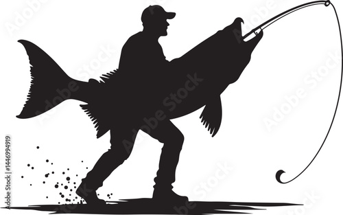 Silhouettes of Men and Dogs Fishing