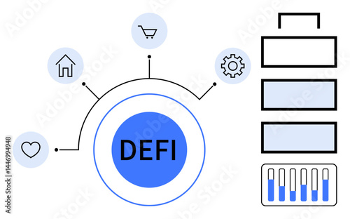 Central DeFi hub linked to icons representing finance, home, shopping, love, and gear with adjacent bar chart. Ideal for fintech, blockchain, DeFi, analytics investment innovation simple landing