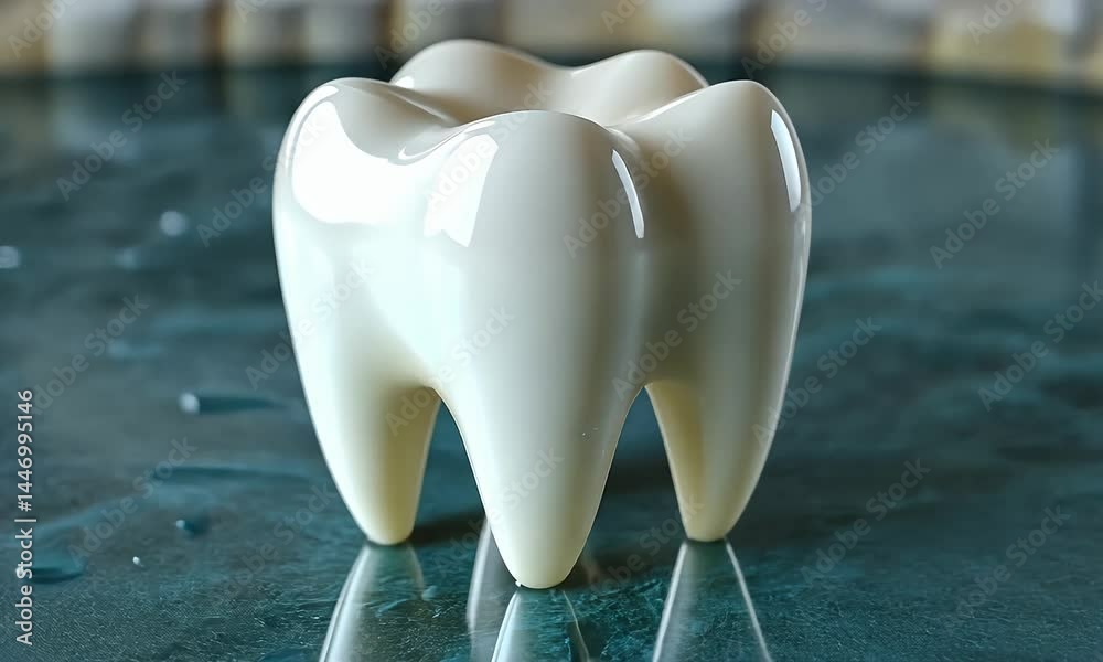 Realistic molar on wet surface, detailed tooth anatomy, dental model