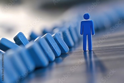 Powerful leadership concept, domino line of humans toppling but blue figure interrupts, detailed 3D scene photo