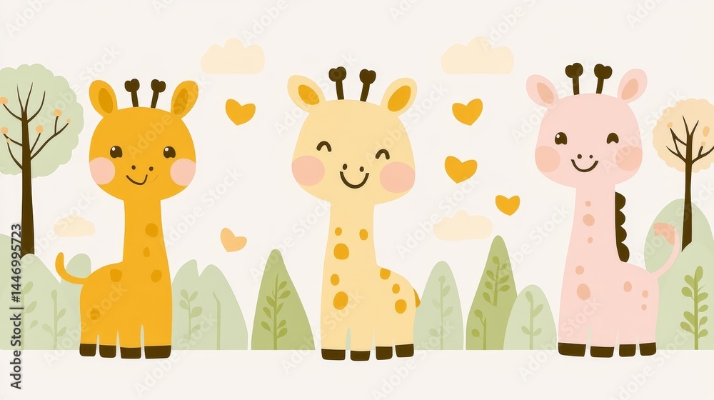 Obraz premium Delightful Giraffe Trio in a Pixelated Meadow Enchanting Pastel Hues for Childrens Decor Nursery Art and Playful Wall Decor Engaging Graphic Element