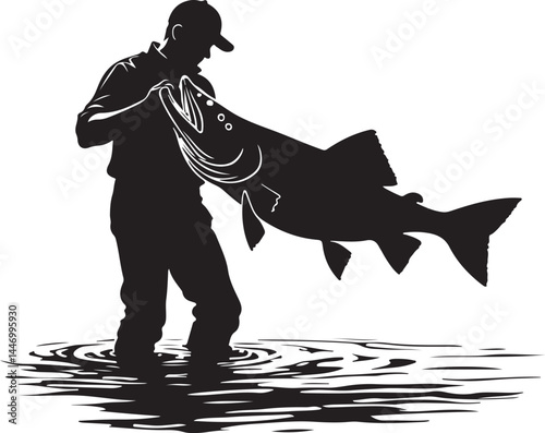 Silhouettes of Men and Dogs Fishing