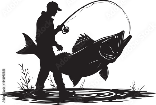 Silhouettes of Men and Dogs Fishing