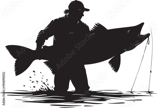 Silhouettes of Men and Dogs Fishing
