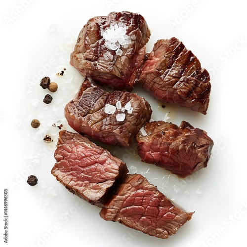 Delicious juicy beef steak bites with salt and pepper food photography gourmet meal recipe idea fresh meat on transparent background