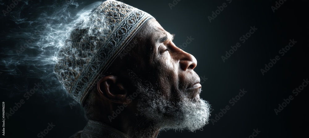Old Muslim man pray to Allah. Islam religion concept. Generative AI technology.