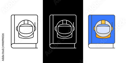 Space helmet and book icon symbolizing science fiction reading, space exploration stories, and futuristic adventure literature.