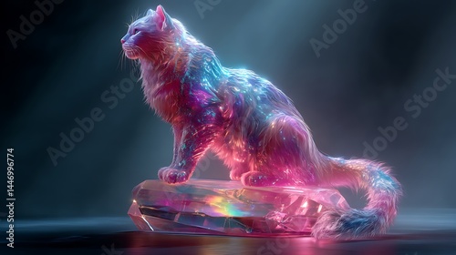 Glowing, magical cat on a crystal