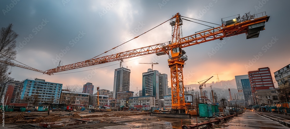 Tower cranes at construction development site. Generative AI technology.