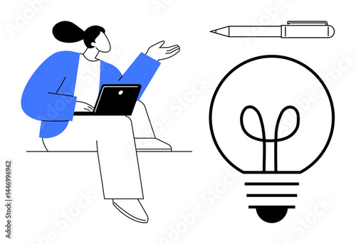 Woman working on laptop, gesturing with ideas alongside a pen and light bulb. Ideal for brainstorming, innovation, teamwork, communication, learning, education remote work. Flat simple metaphor